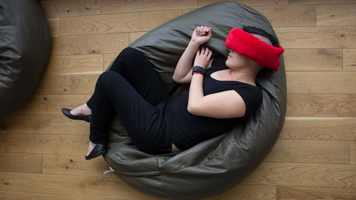 Relaxing on a beanbag with the Wrap-a-Nap